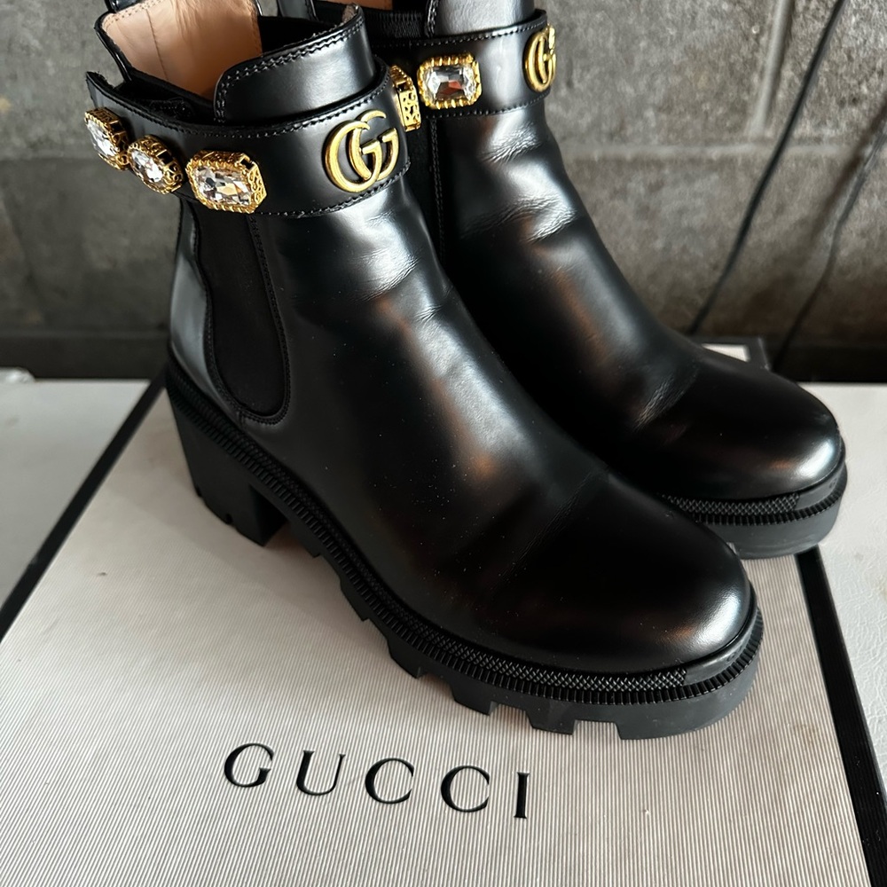 Gucci Black Leather Ankle Boots with Gold Accents